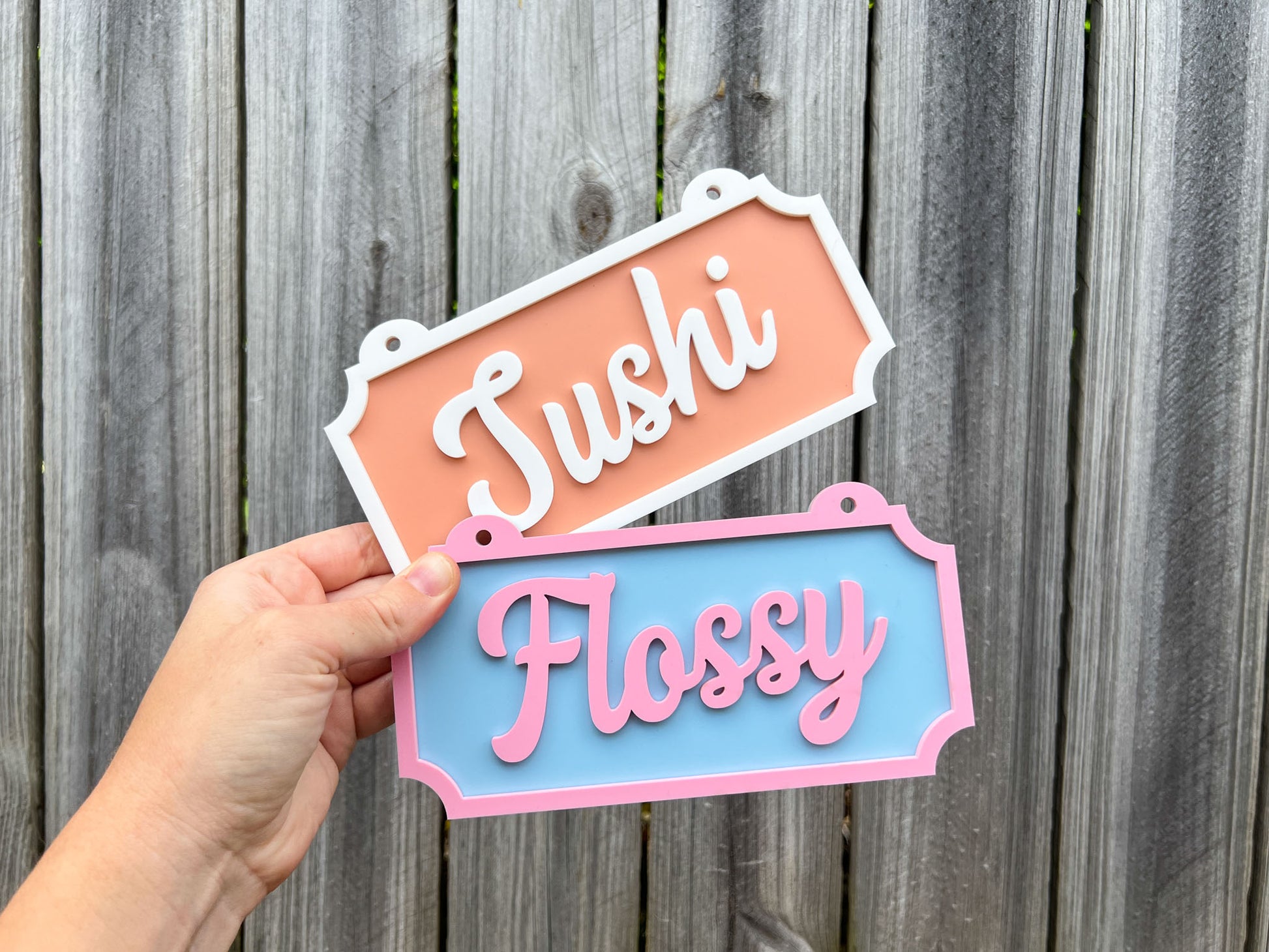 Hand holding two decorative signs with 'Sushi' and 'Flossy' text against a wooden background | Coji Designs