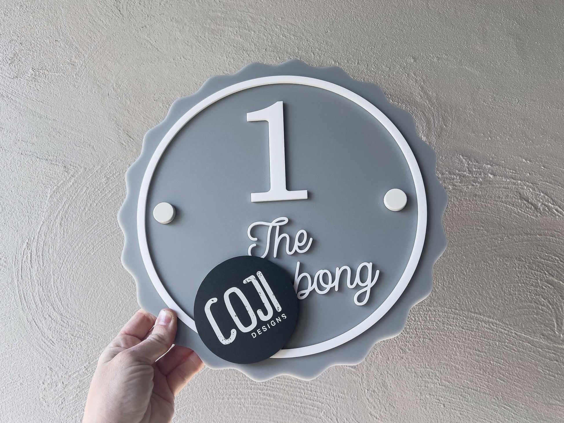 Personalised 3D acrylic house address sign custom made in grey and white with the number '1'.