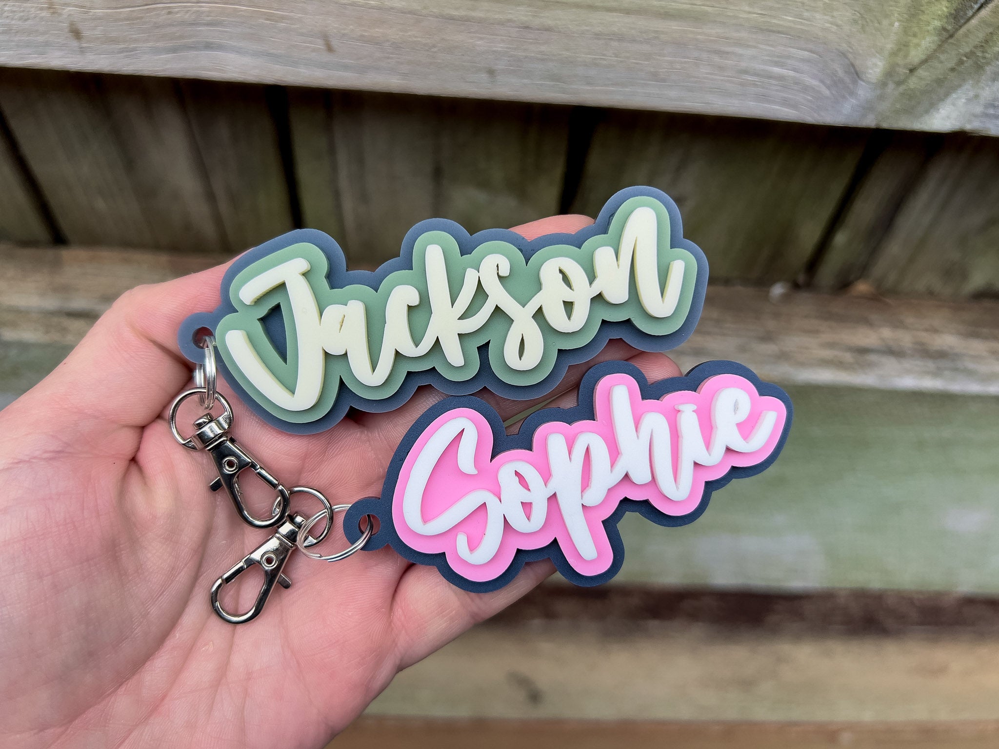 Urban skate style 3D acrylic keychains with the names 'Jackson' & 'Sophie'.