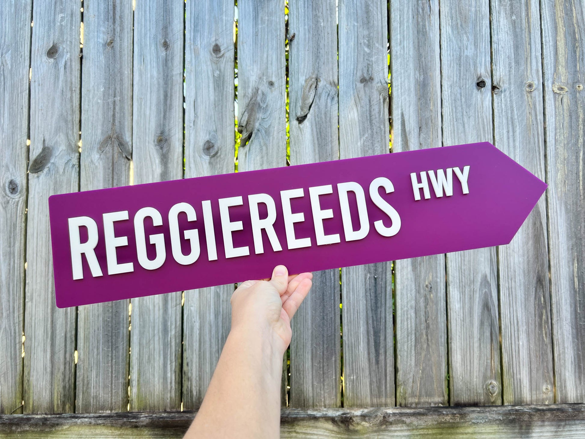 Hand holding a purple sign with 'REGGIEREEDS HWY' text against a wooden fence background | Coji Designs