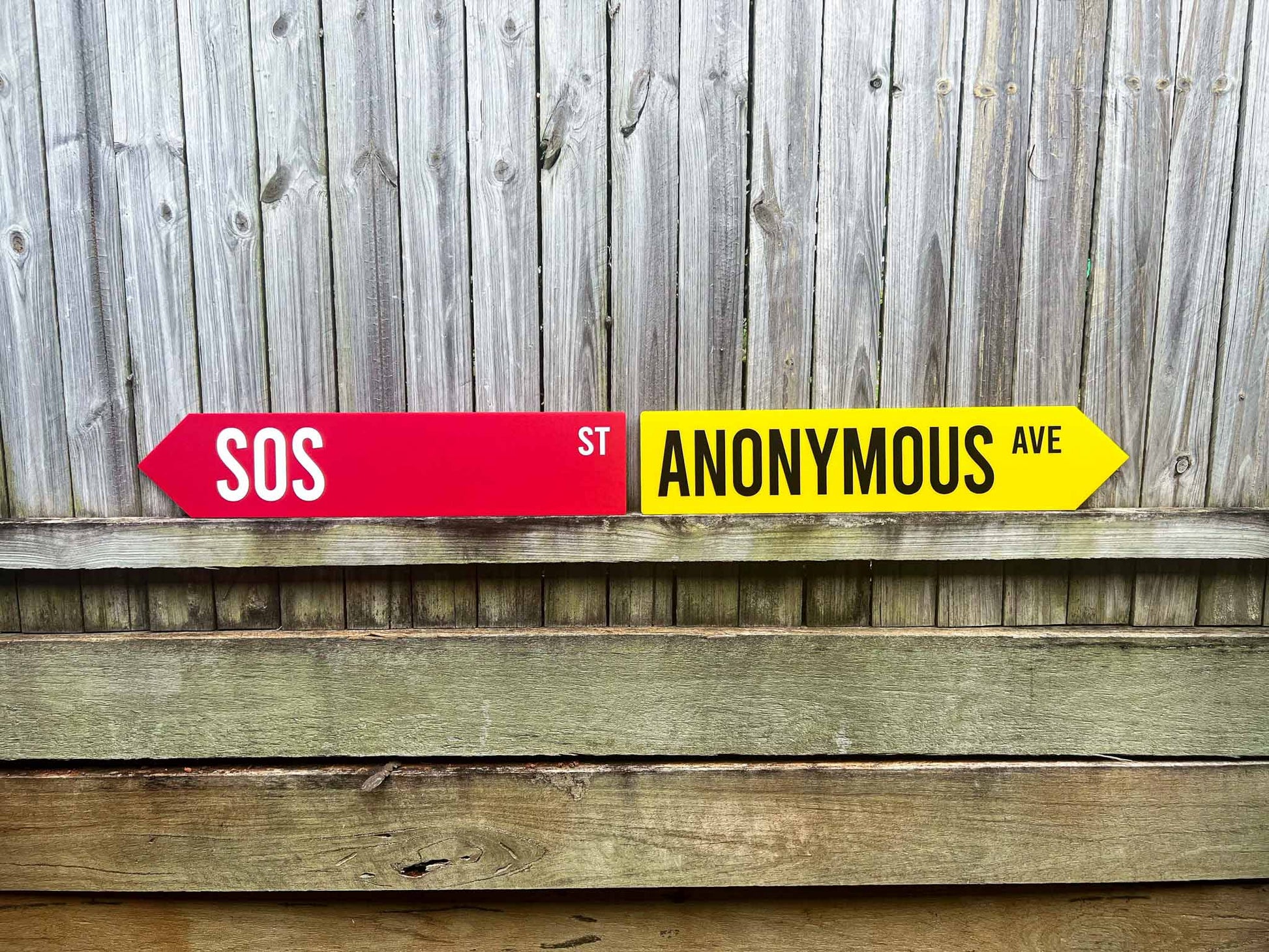 Two novelty street signs in red and yellow that read 'ANONYMOUS AVE' & 'SOS ST'.