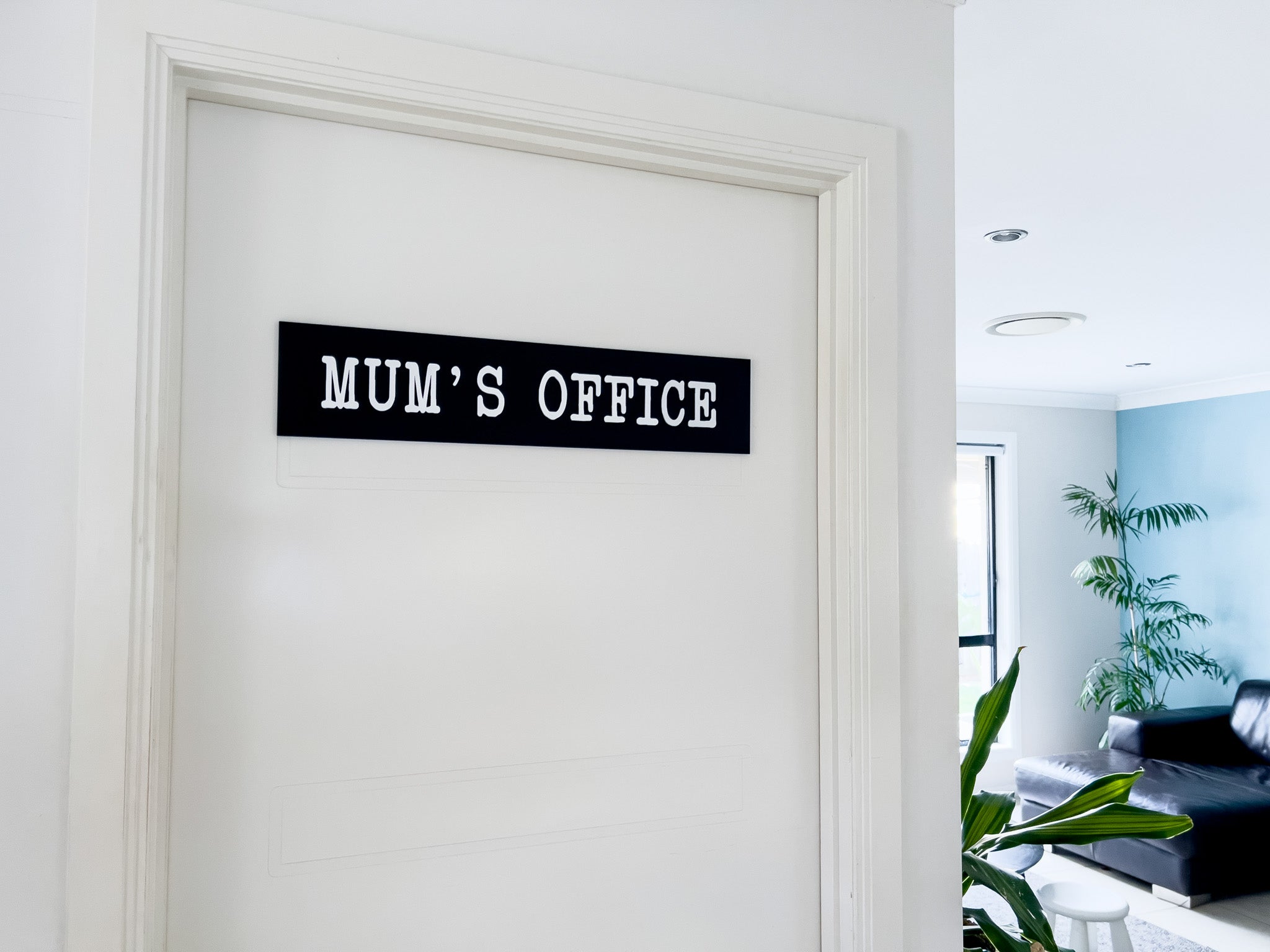 Custom 3D acrylic name plaque on an office door that reads 'MUM'S OFFICE' | Coji Designs