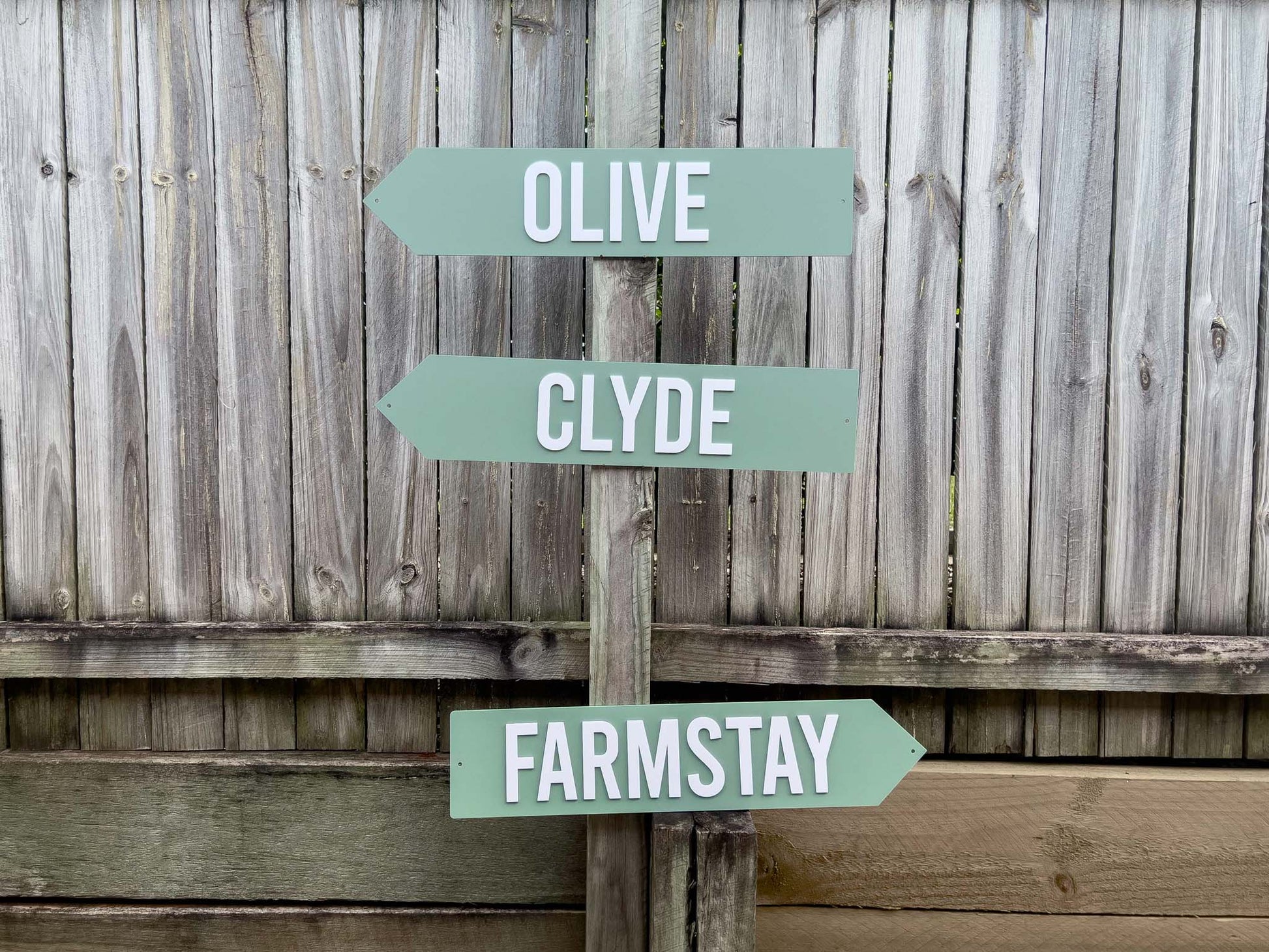Wooden signpost with directional signs against a wooden fence | Coji Designs