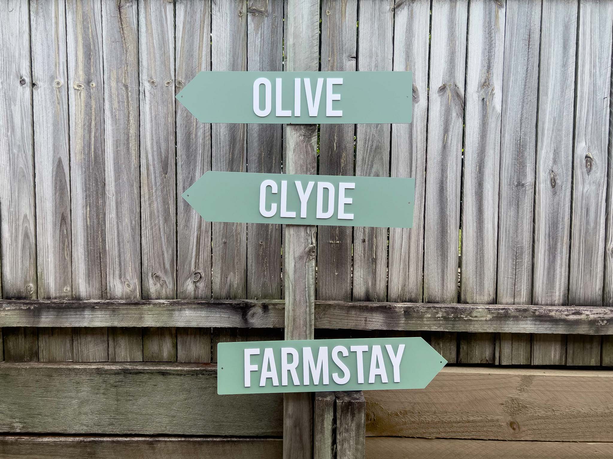 Wooden signpost with directional signs against a wooden fence | Coji Designs
