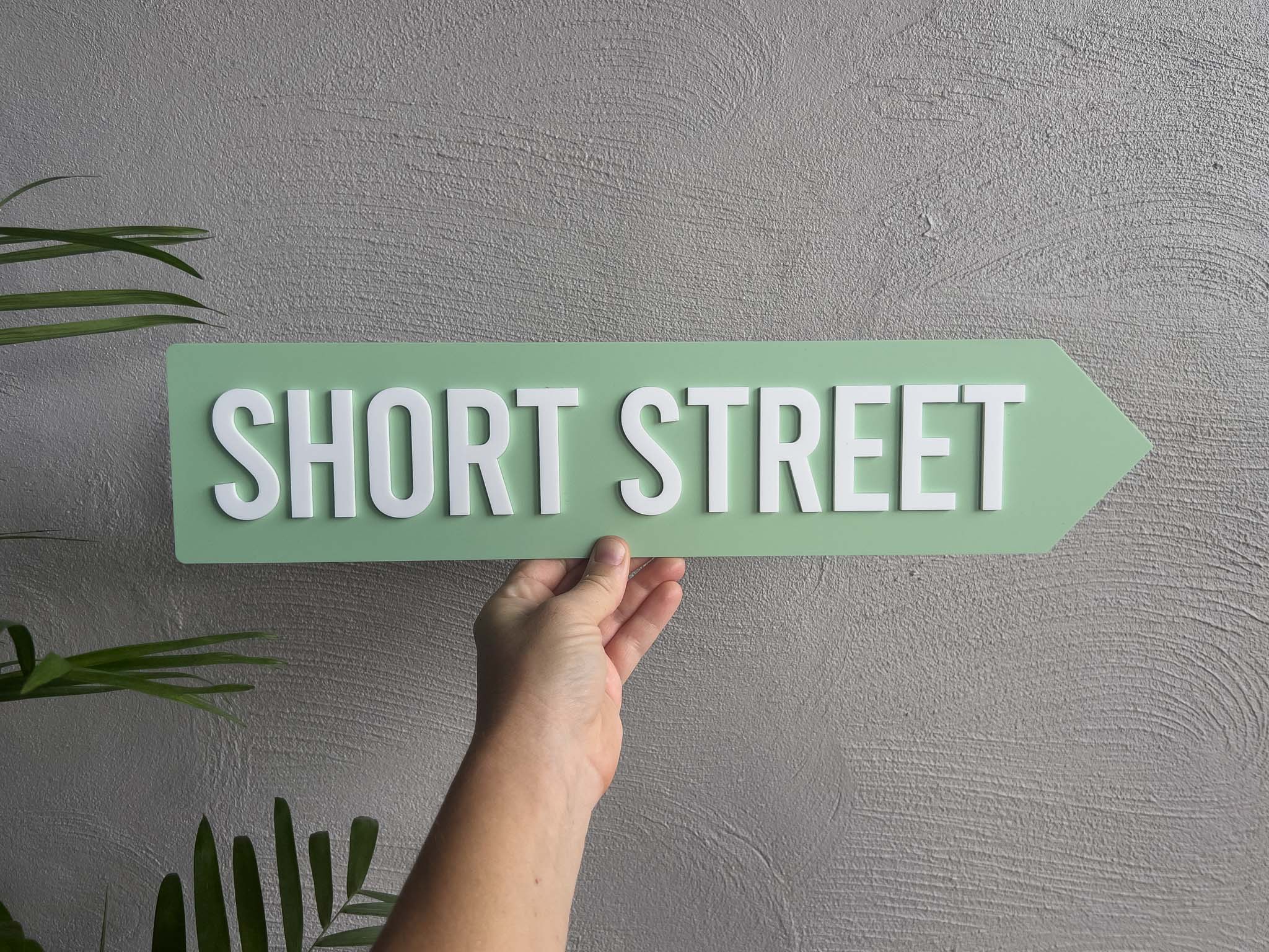Hand holding a green sign with 'SHORT STREET' text against a gray wall | Coji Designs