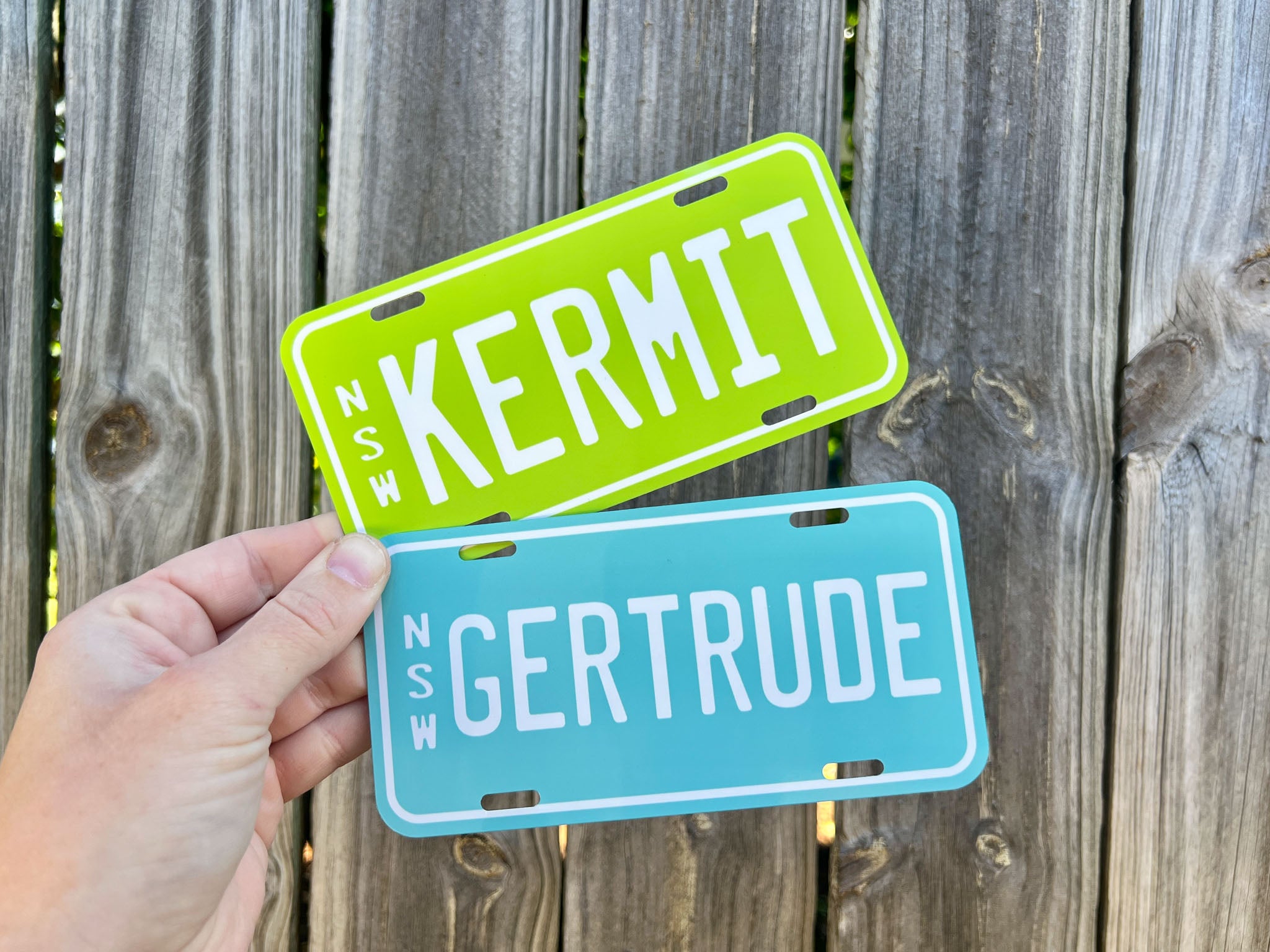 Two small novelty license plates with 'Kermit' and 'Gertrude' text held against a wooden fence background.
