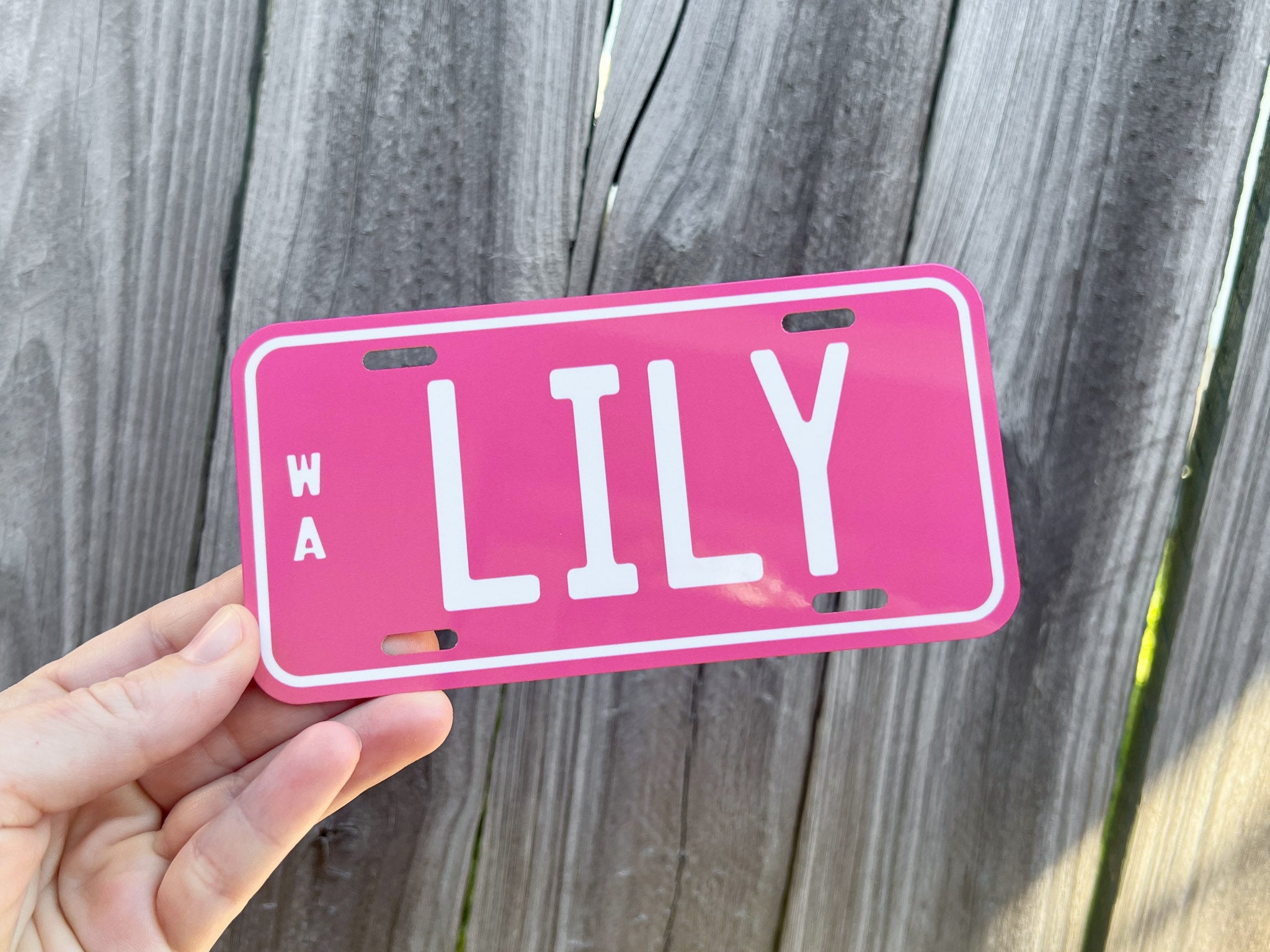 Pink mini plate with 'LILY' text held by a hand against a wooden background