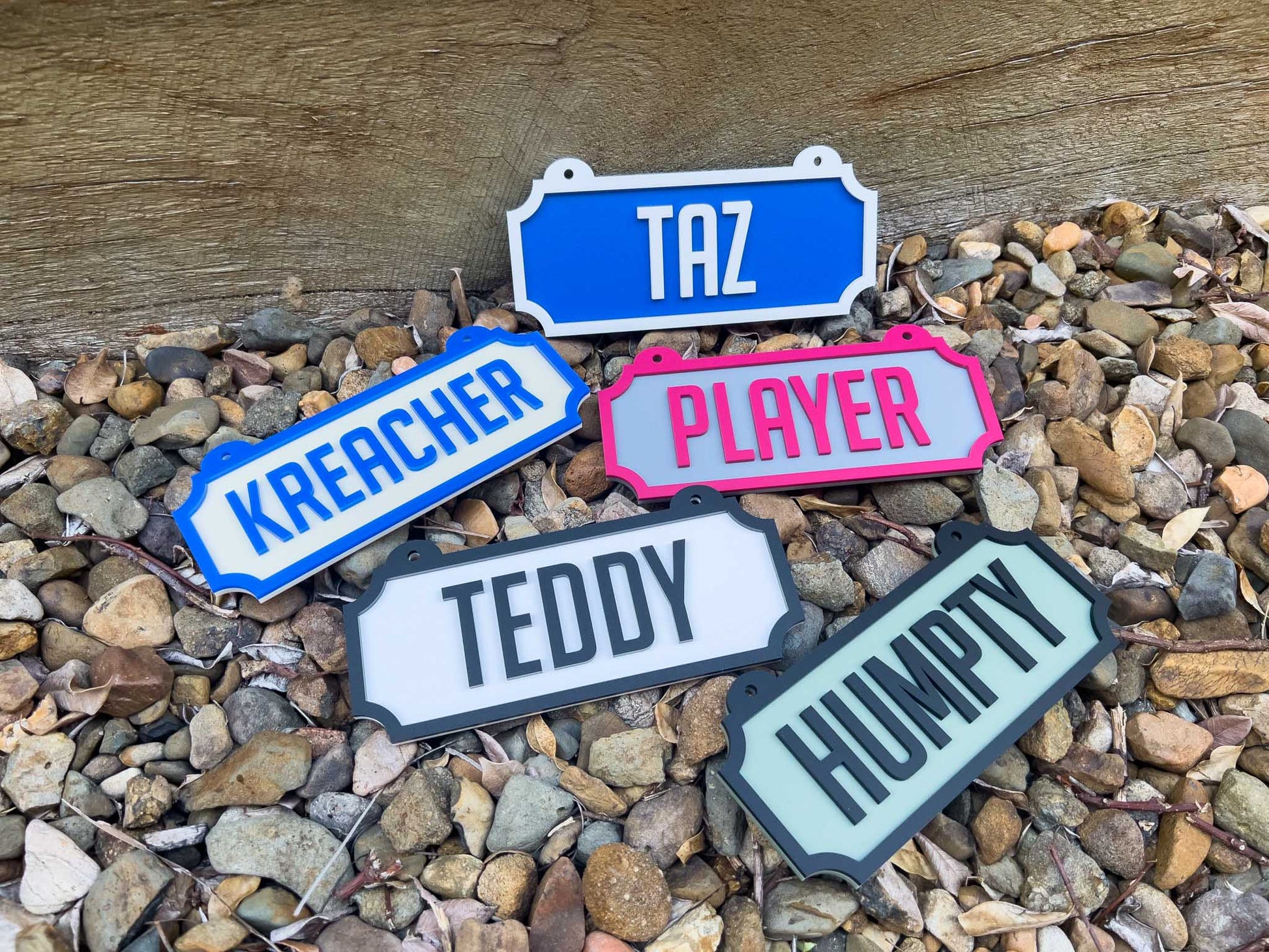 Five name tags labelled 'Kreacher', 'Taz', 'Player', 'Teddy', and 'Humpty' on a bed of stones | Coji Designs