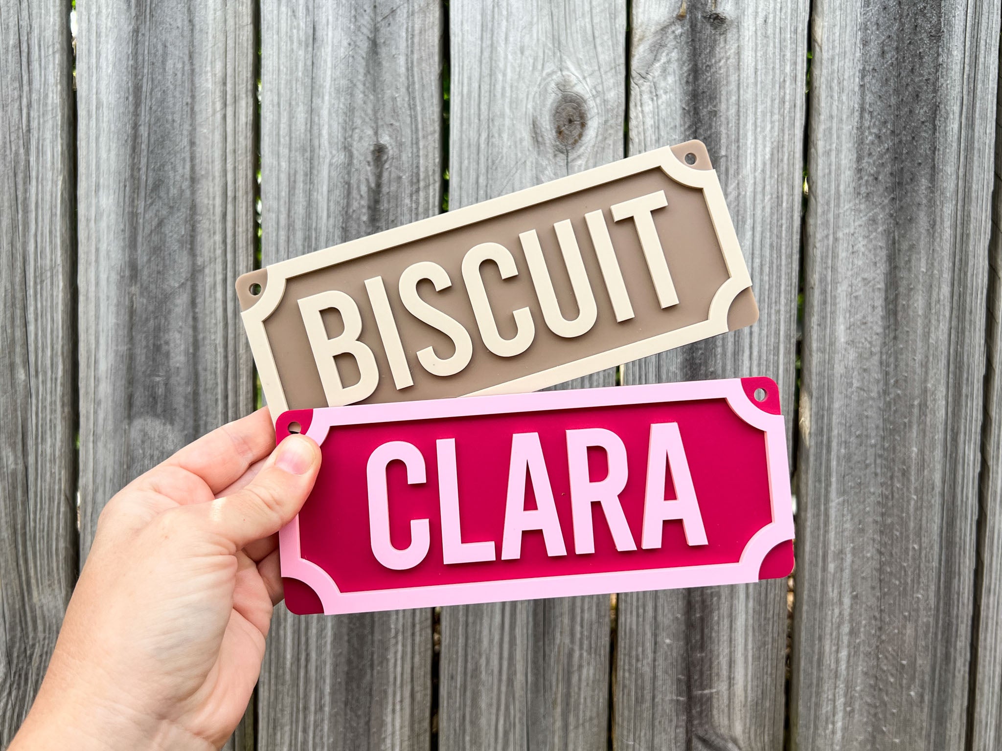 Hand holding two signs, one beige with 'Biscuit' and one pink with 'Clara', against a wooden fence background.