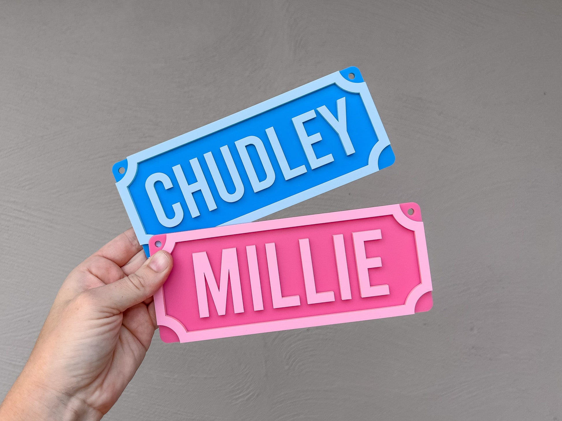 Two nameplates, one blue and one pink, held by a hand against a gray background.