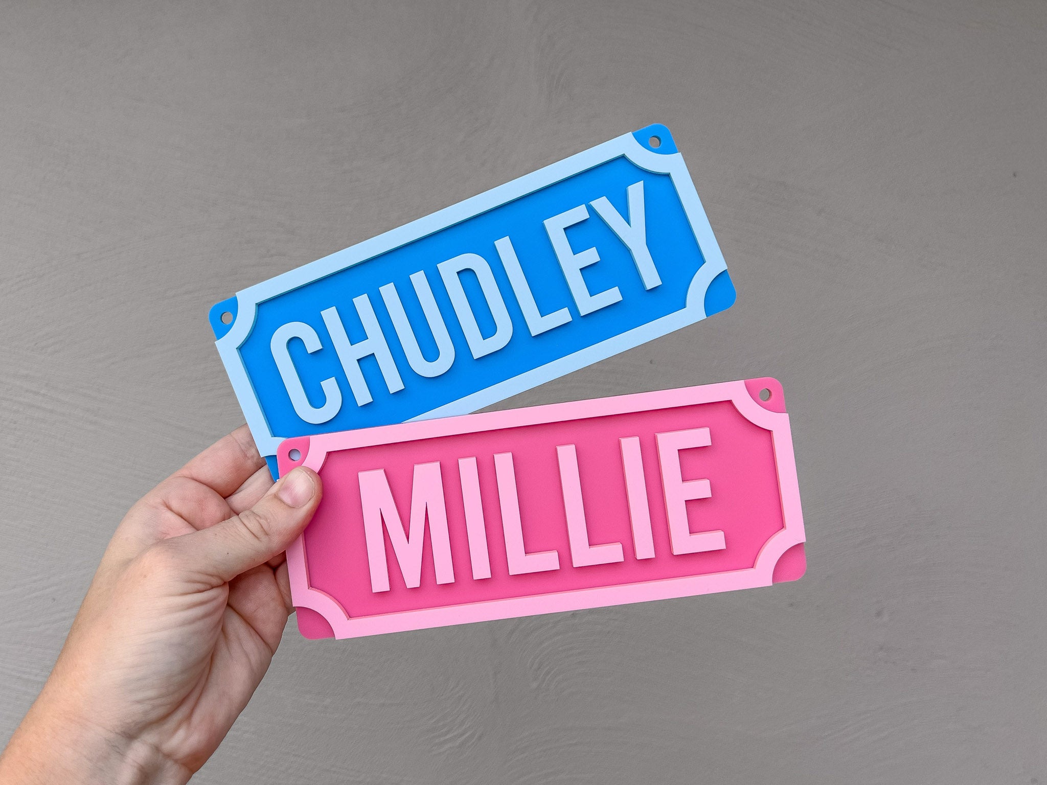 Two nameplates, one blue and one pink, held by a hand against a gray background.
